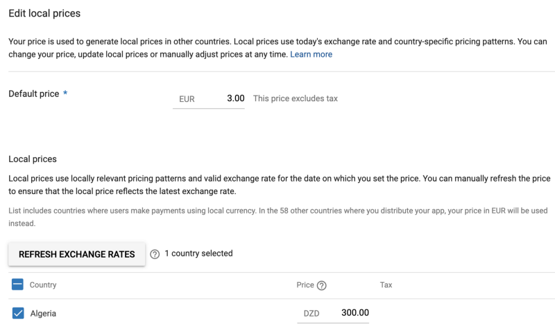 In-app product pricing configuration in Google Play Console