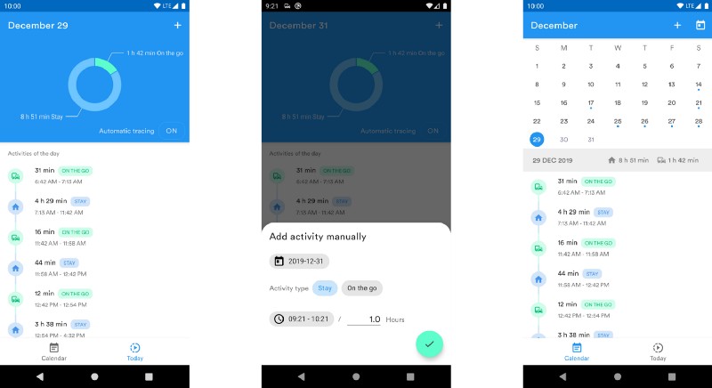 Daily overview, adding a manual activity, and monthly calendar view