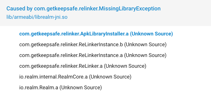 Stacktrace showing missing Realm library